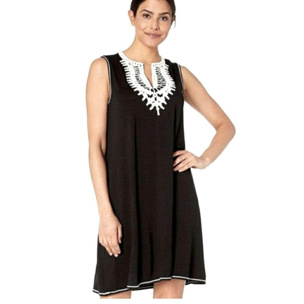 Max Studio Black Sleeveless Shift Dress with White Crochet Neckline